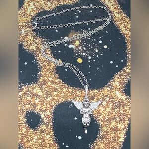 Moissanite Silver Tone Angel Pendant Necklace